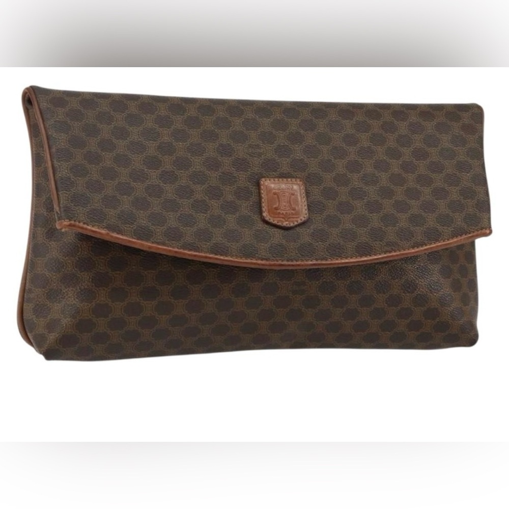 Céline Celine Brown Macadam Coated Canvas Clutch